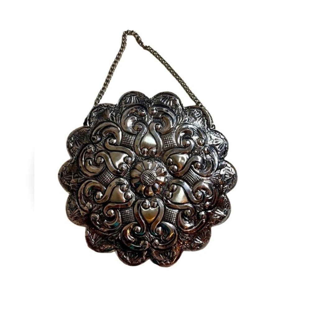 Vintage Turkish Silver Mirror with Chain- approx. 4” Diameter